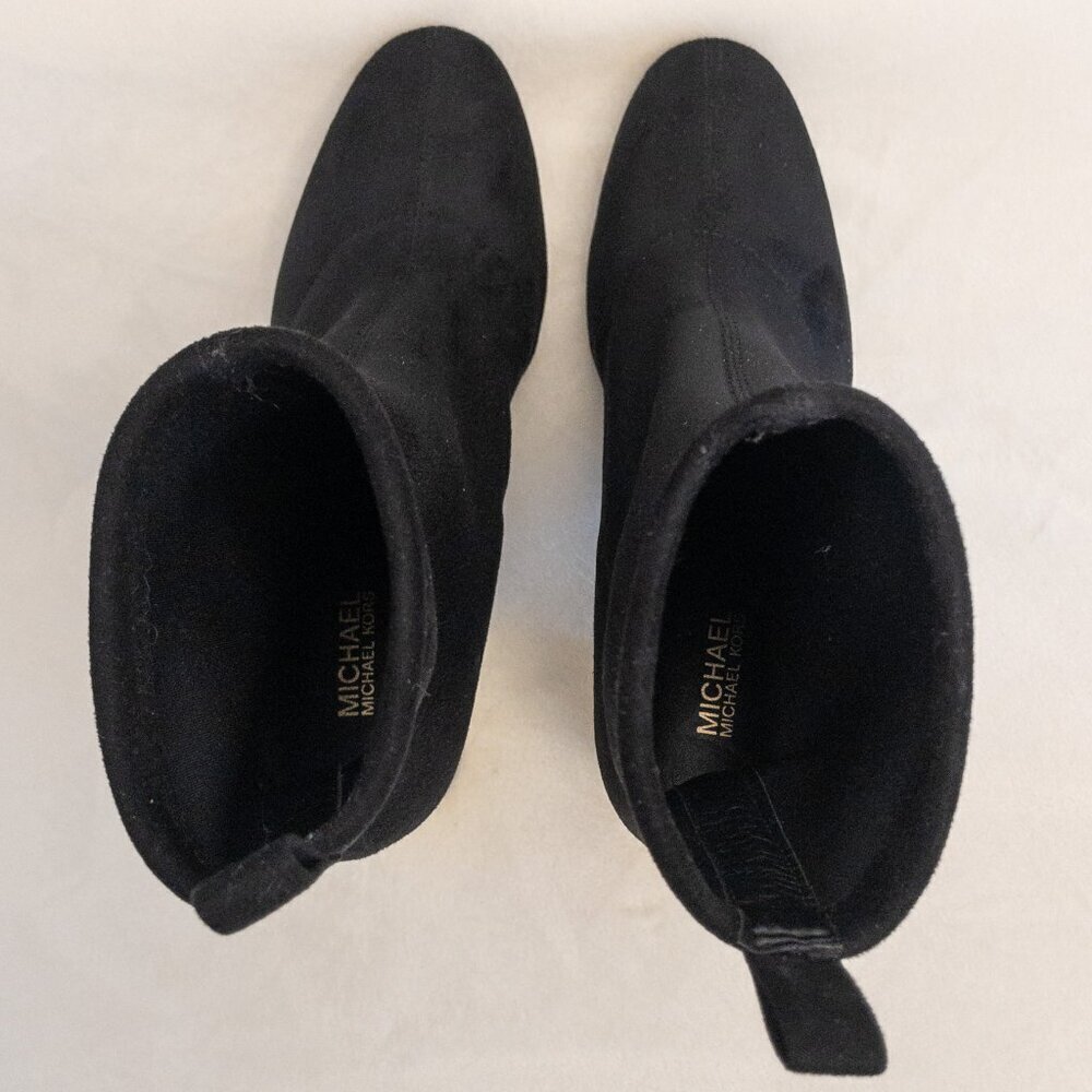 Michael Kors Black Suede Stretch Sock Ankle Booties w/ Gold Block Heel – Size 7 - Picture 6 of 7